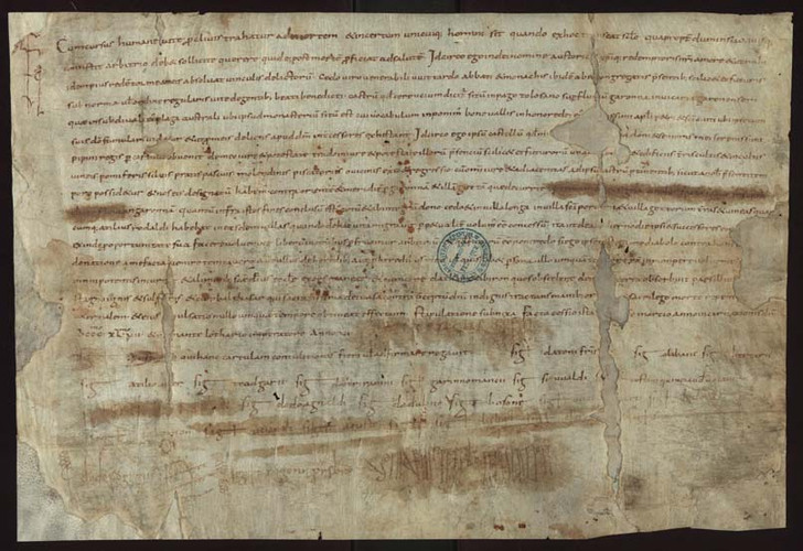  Le plus ancien document du service, acte de donation faite en mars 847 à l'abbé Vuittard par Austoricus, conservé dans le fonds de l'abbaye de Moissac, AD82 